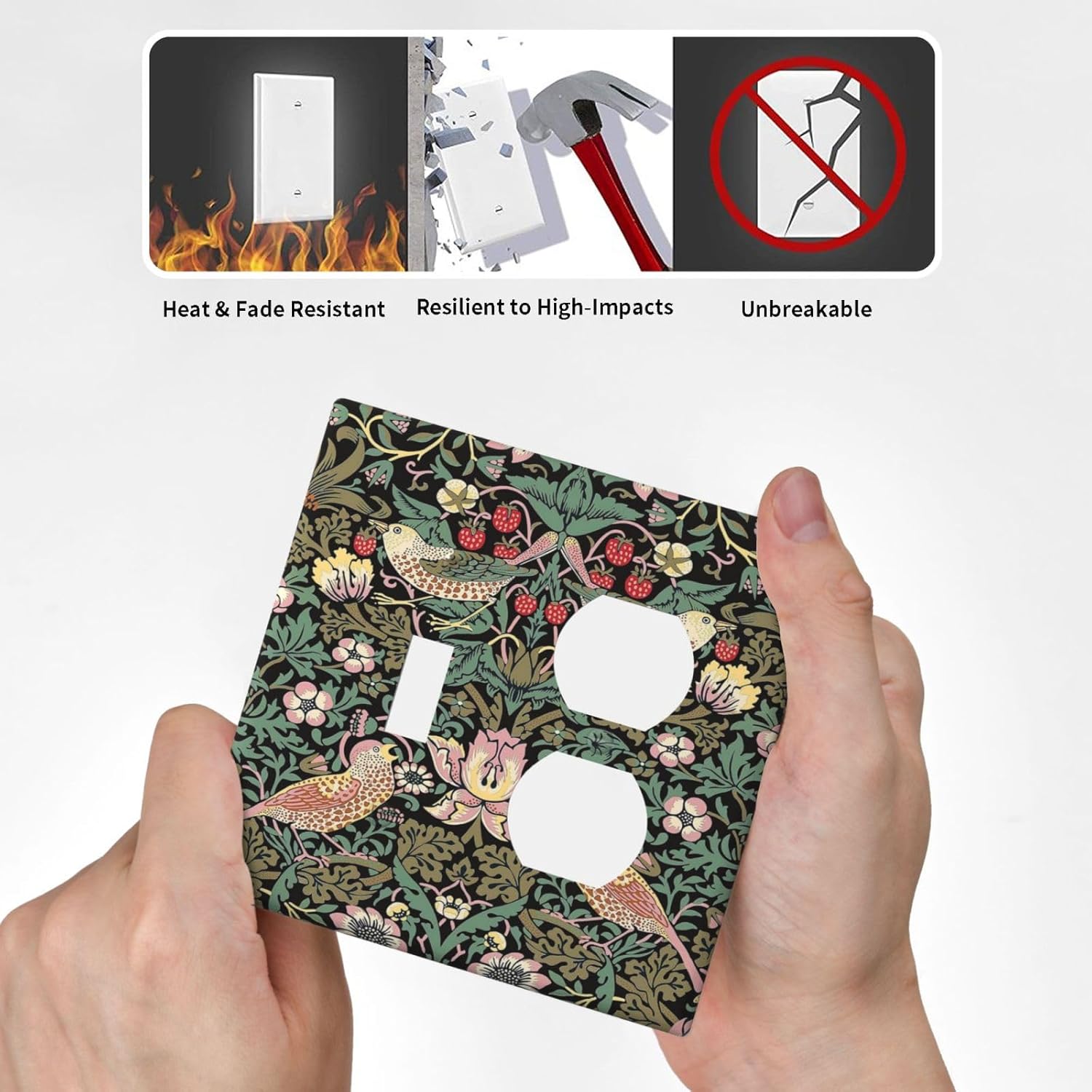 Black Olive Vintage Floral Strawberry Thief Botanical Wall Plate Cover for 2 Gang Switch - Single Toggle & Duplex Combo - Jumbo Dual Electrical GFCI Plate