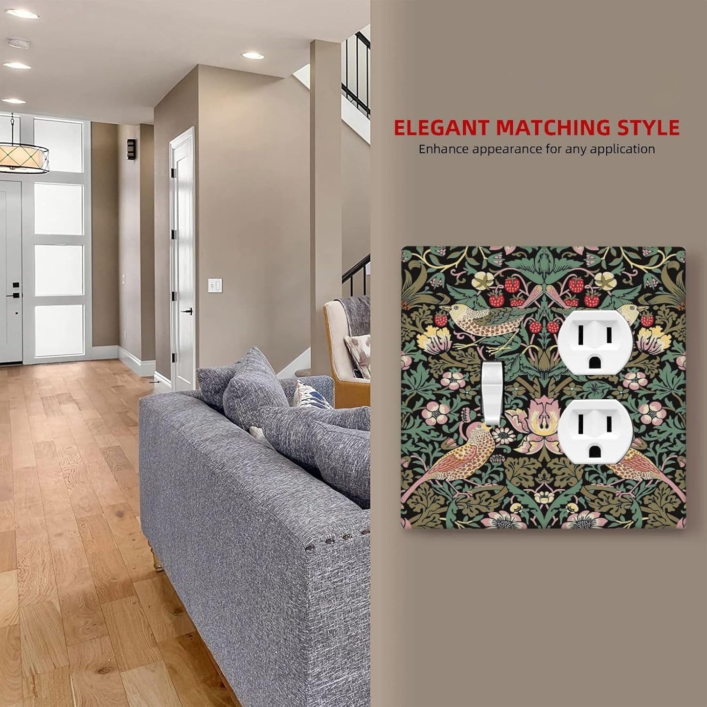 Black Olive Vintage Floral Strawberry Thief Botanical Wall Plate Cover for 2 Gang Switch - Single Toggle & Duplex Combo - Jumbo Dual Electrical GFCI Plate