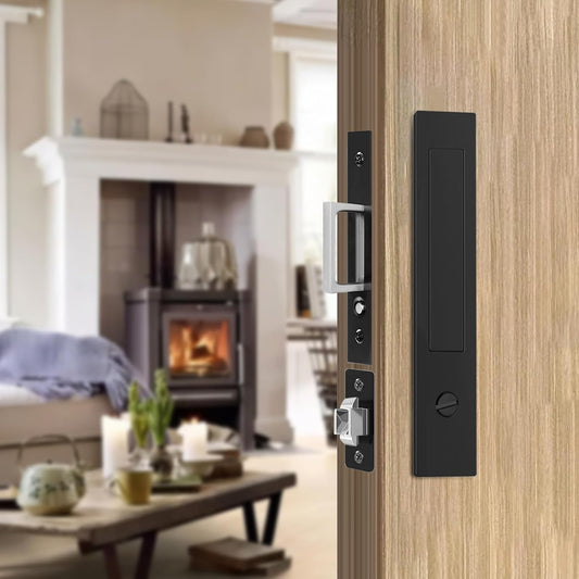 Black Pocket Door Locks for 1 3/8" to 2 2/8" Thick Doors - Hidden Handles, Edge Pulls - Sliding Door Hardware - Privacy Type