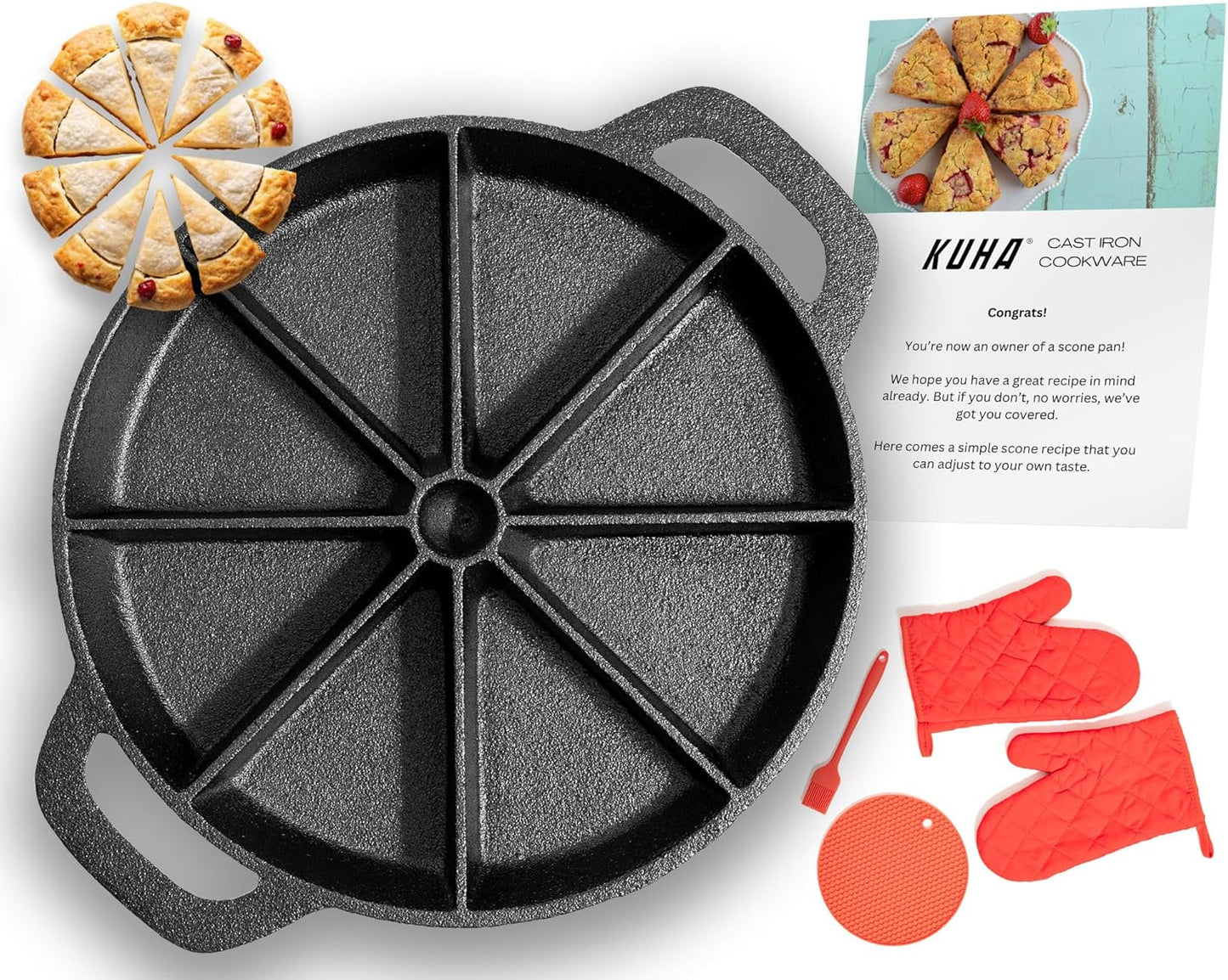 Black Pre-Seasoned Cast Iron Scone Pan Set - Round Wedge Pan for Baking and Cooking - Includes Oven Mitts, Silicone Trivet, and Oil Brush