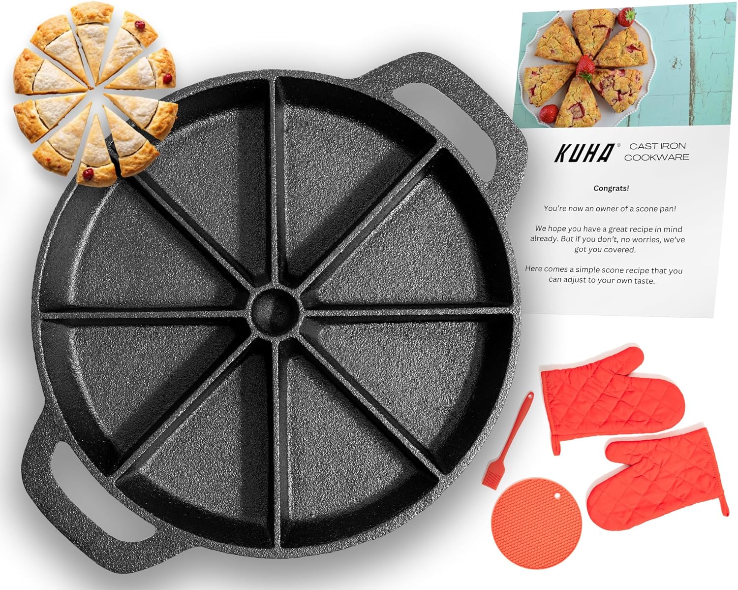Black Pre-Seasoned Cast Iron Scone Pan Set - Round Wedge Pan for Baking and Cooking - Includes Oven Mitts, Silicone Trivet, and Oil Brush