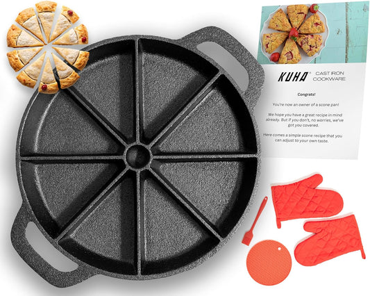 Black Pre-Seasoned Cast Iron Scone Pan Set - Round Wedge Pan for Baking and Cooking - Includes Oven Mitts, Silicone Trivet, and Oil Brush