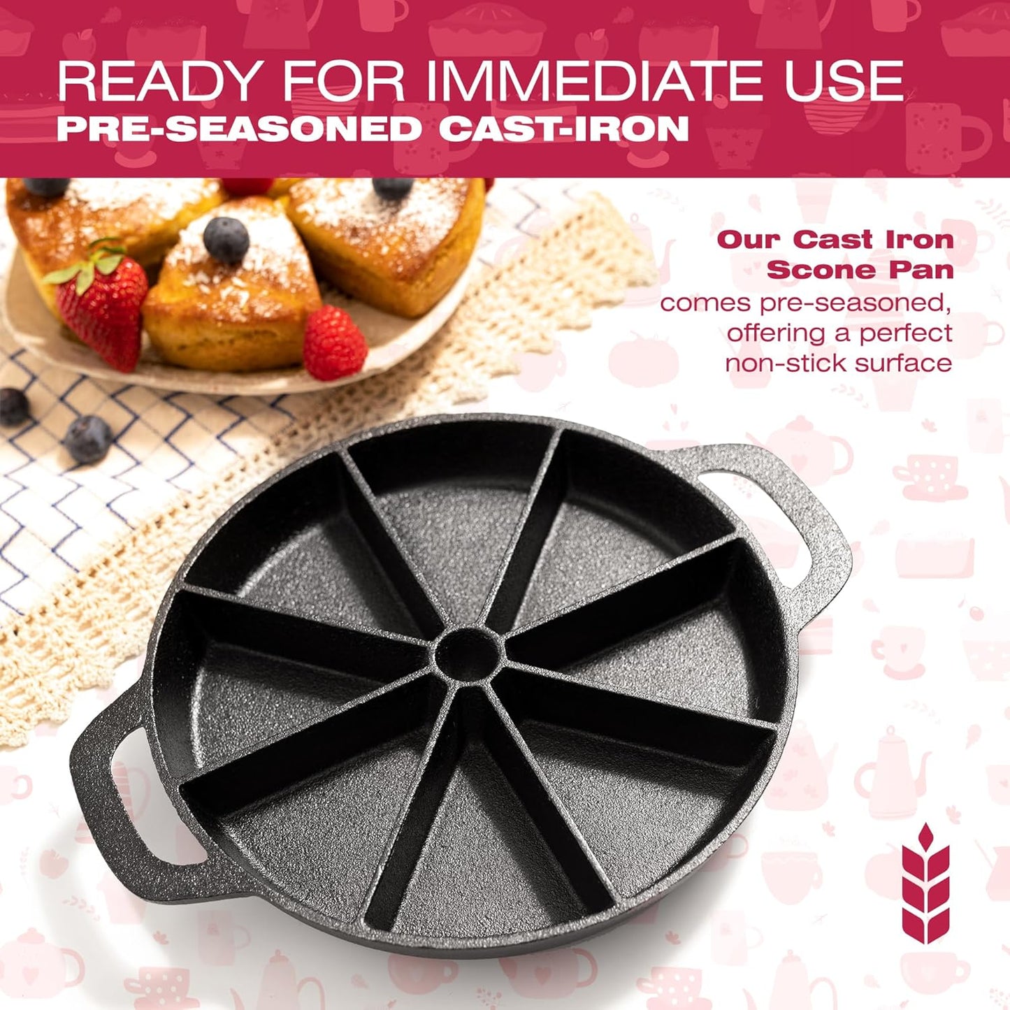 Black Pre-Seasoned Cast Iron Scone Pan Set - Round Wedge Pan for Baking and Cooking - Includes Oven Mitts, Silicone Trivet, and Oil Brush