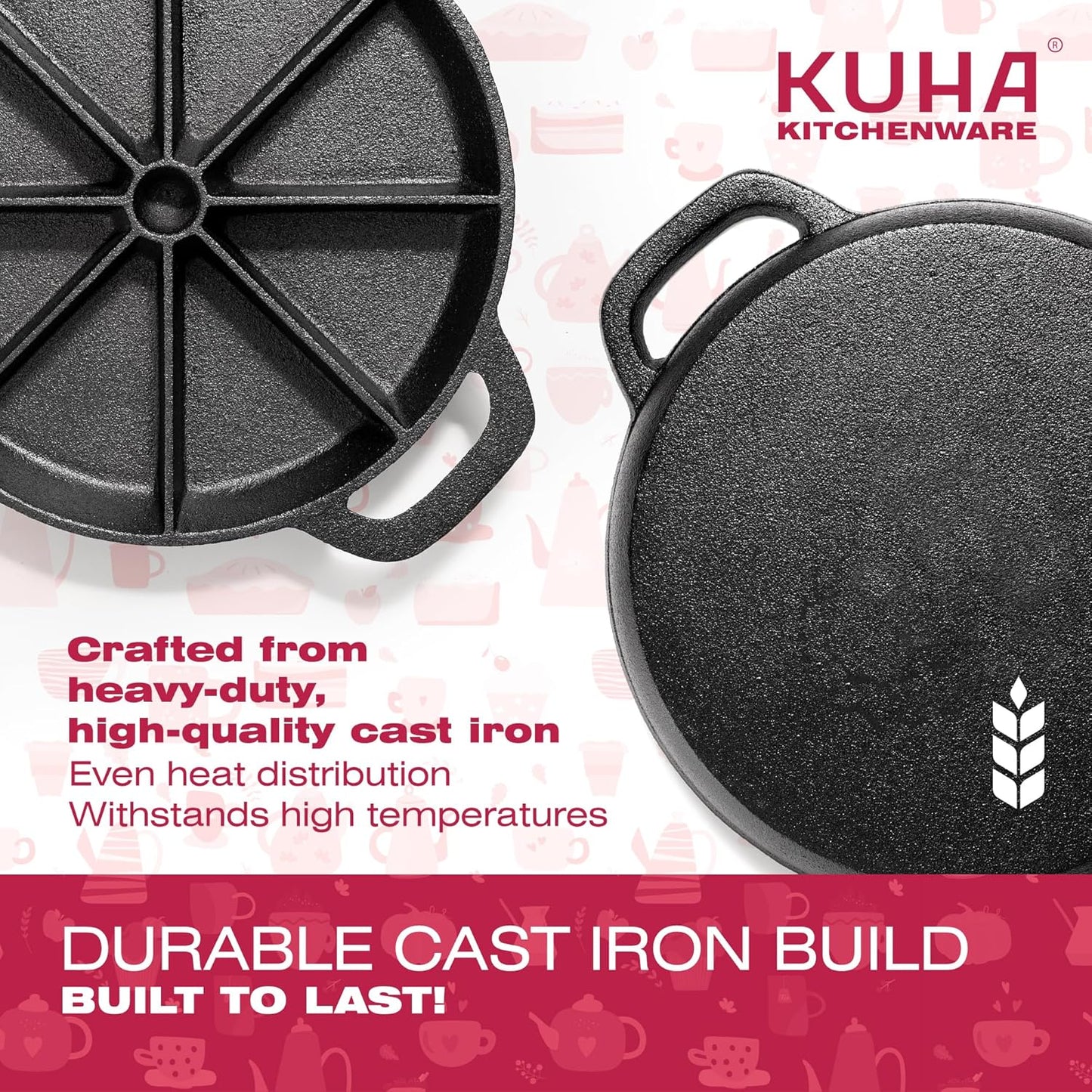 Black Pre-Seasoned Cast Iron Scone Pan Set - Round Wedge Pan for Baking and Cooking - Includes Oven Mitts, Silicone Trivet, and Oil Brush