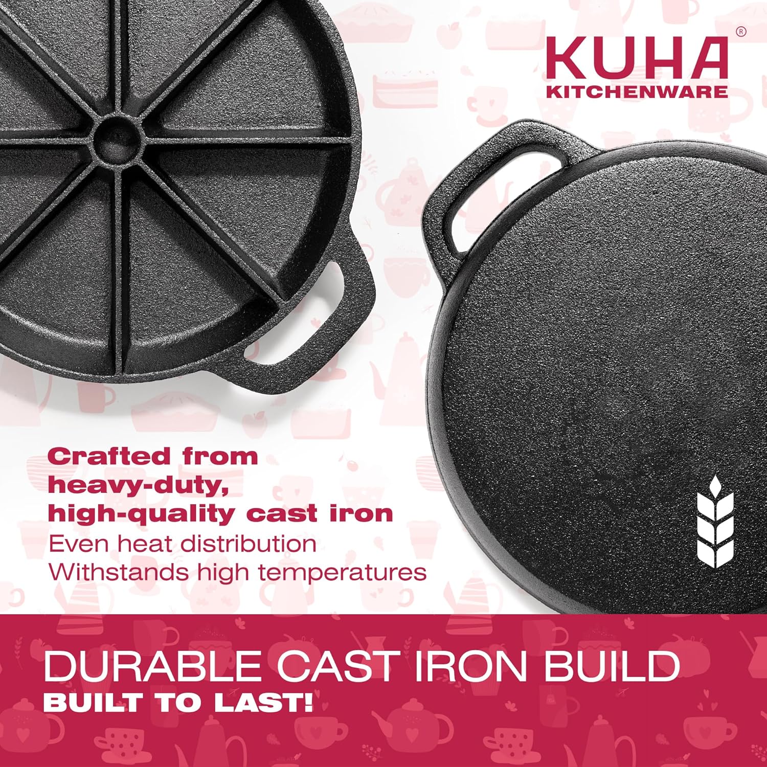 Black Pre-Seasoned Cast Iron Scone Pan Set - Round Wedge Pan for Baking and Cooking - Includes Oven Mitts, Silicone Trivet, and Oil Brush