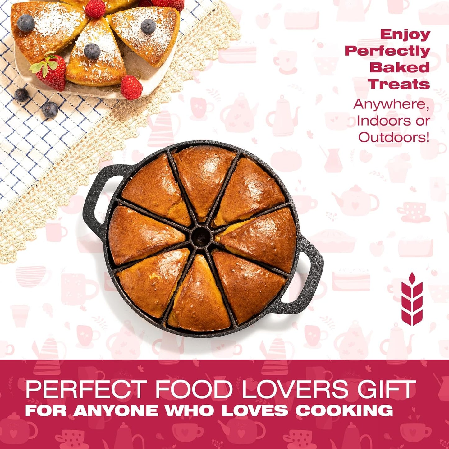 Black Pre-Seasoned Cast Iron Scone Pan Set - Round Wedge Pan for Baking and Cooking - Includes Oven Mitts, Silicone Trivet, and Oil Brush