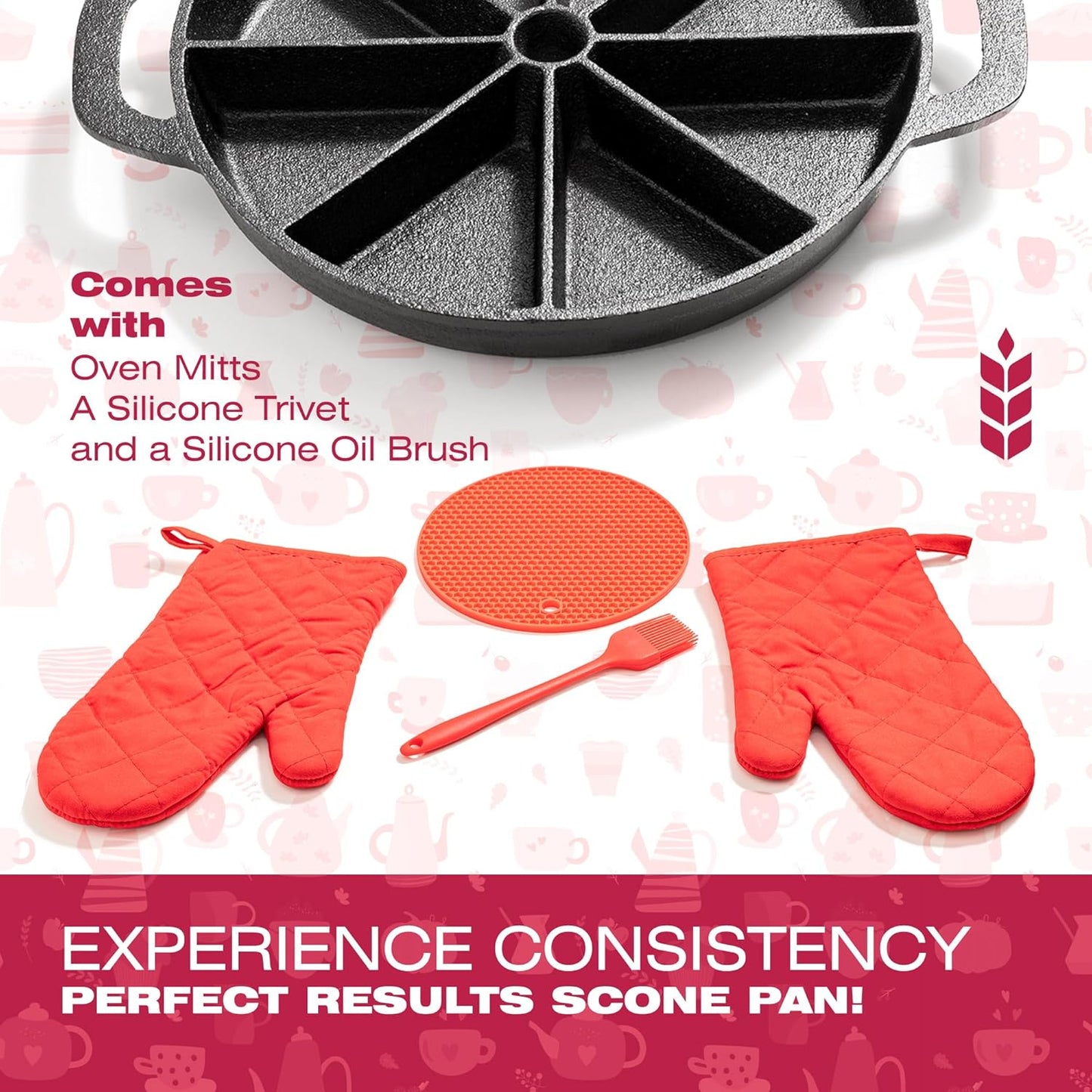 Black Pre-Seasoned Cast Iron Scone Pan Set - Round Wedge Pan for Baking and Cooking - Includes Oven Mitts, Silicone Trivet, and Oil Brush