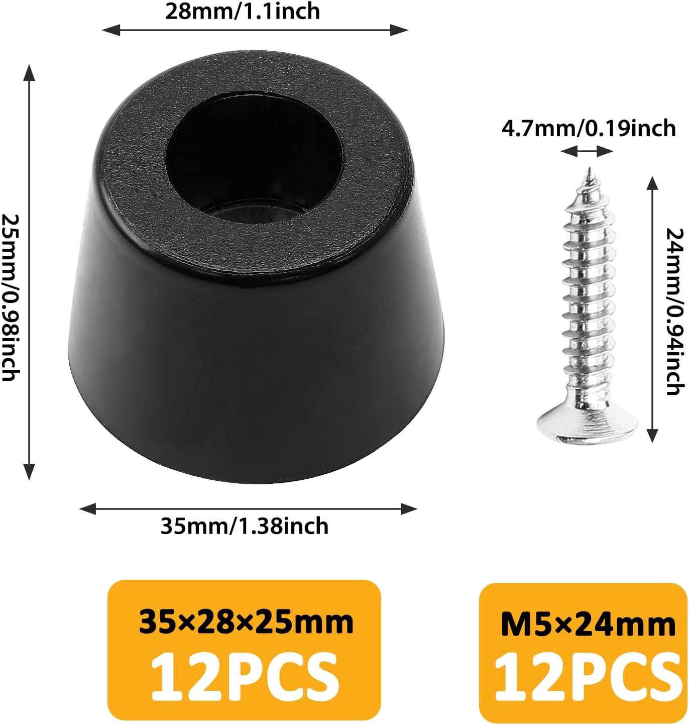Black Rubber Feet with Stainless Screws - 12 Pack, Chair Bumpers Pads for Furniture - 35x28x25mm