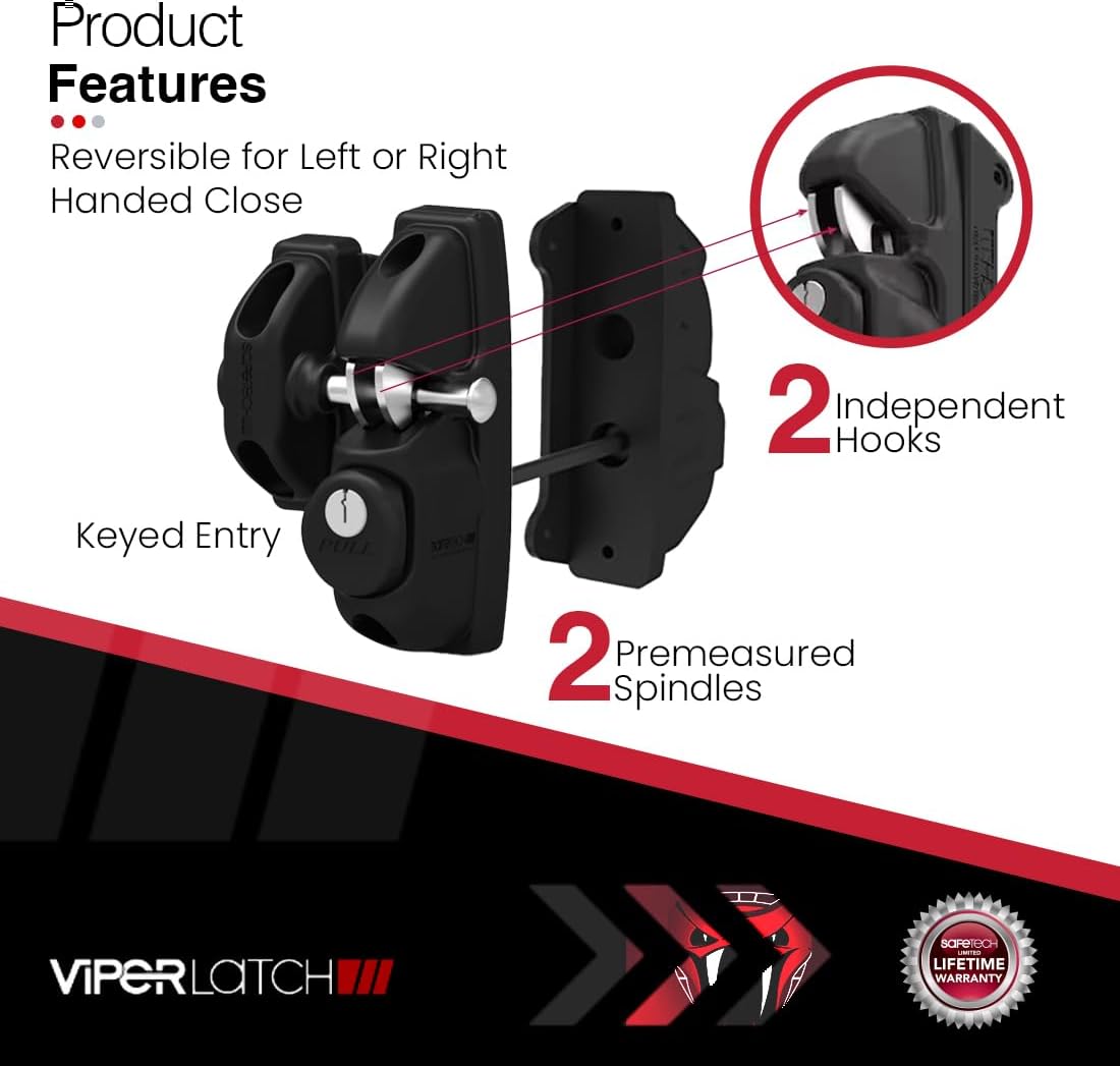Black Safetech Hardware ViperX2 Gravity Gate Latch with Keyed Alike Two-Sided Lockable Hooks for Privacy - Ideal for Vinyl, Wood, & Aluminum Gates