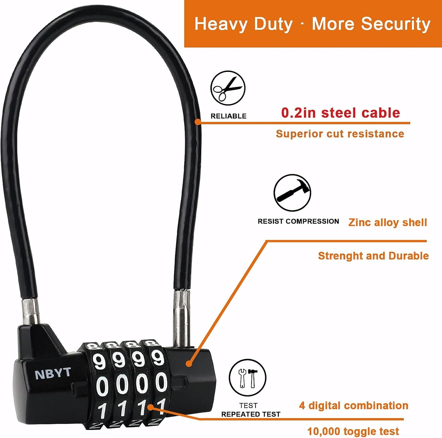 Black Steel Cable Rope Combination Padlock for Cabinets, Doors, Storage - 4 Digit Code, 3/16" Diameter, 7" Length - Ideal for Wardrobes, Sheds, Pet Doors - WildKart