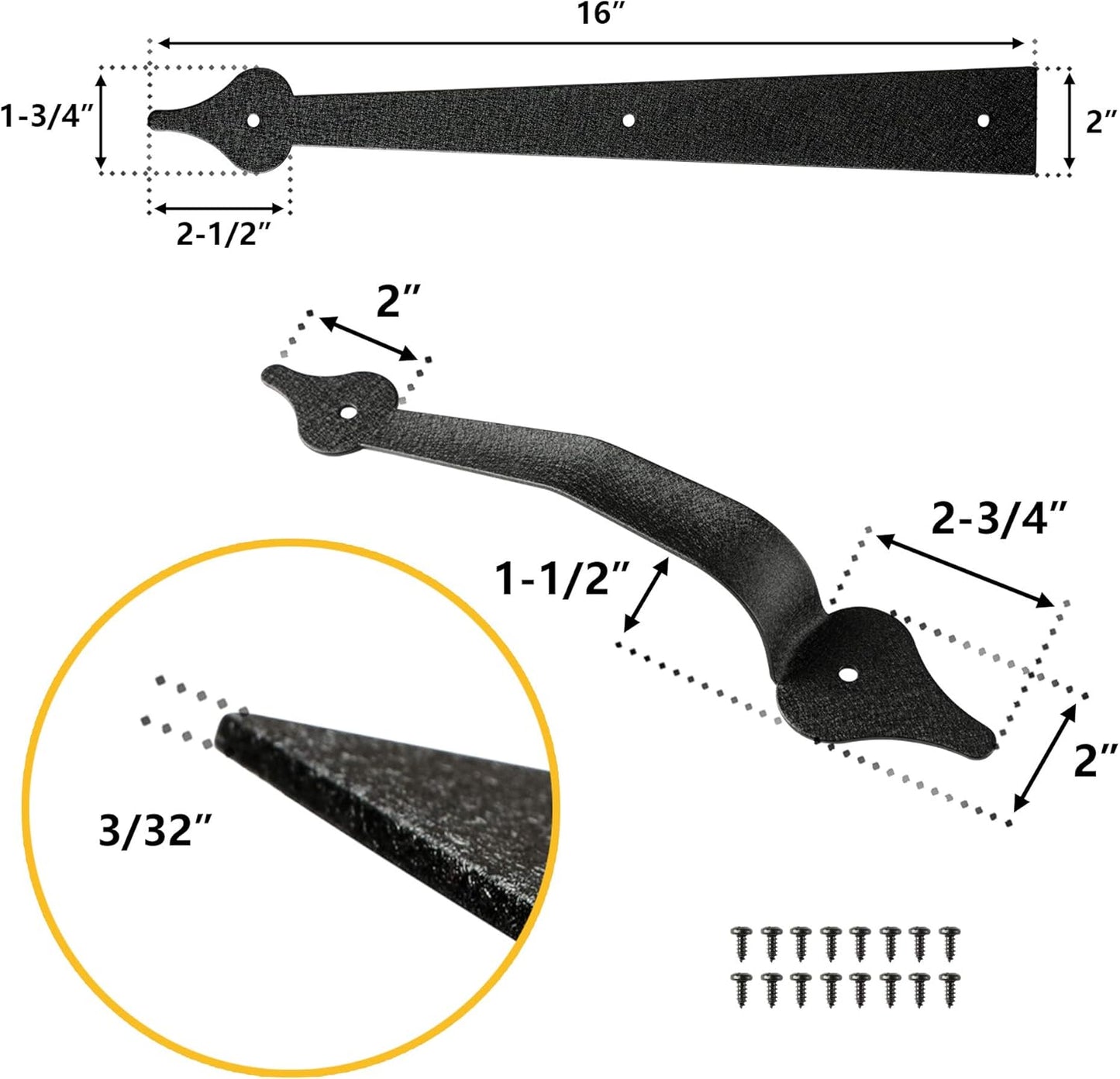 Black Steel Garage Door Decorative Hinges Handles Hardware Kit - Screw Mount, Skysen Accents (2 Pack) - WildKart