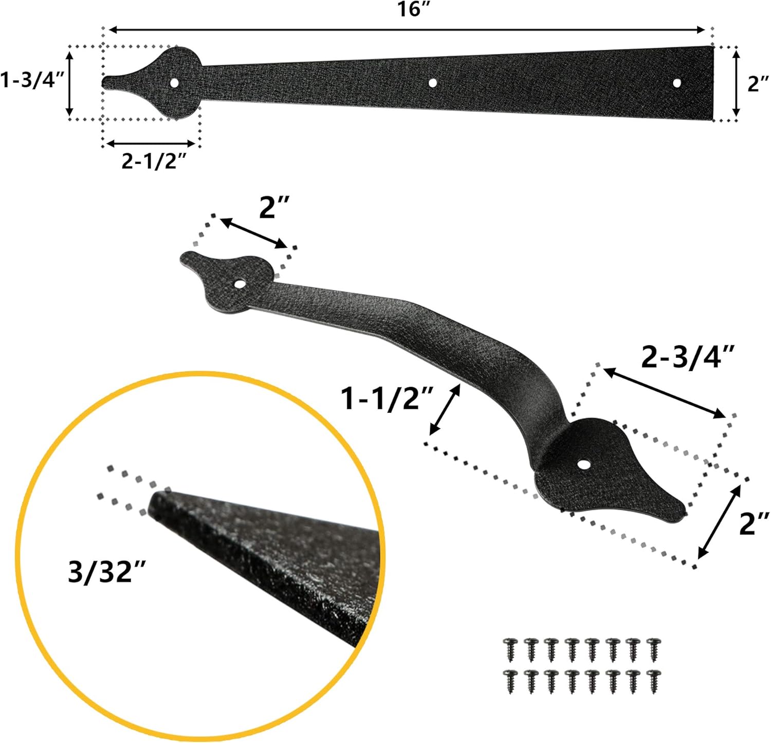 Black Steel Garage Door Decorative Hinges Handles Hardware Kit - Screw Mount, Skysen Accents (2 Pack) - WildKart