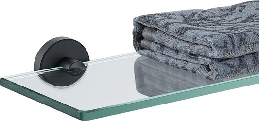 Black Tempered Glass Bathroom Shelf - 12x5 Inches, Wall Mounted Matte Black Stainless Steel Shower Storage Rack