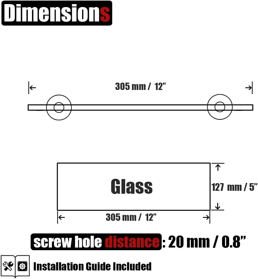 Black Tempered Glass Bathroom Shelf - 12x5 Inches, Wall Mounted Matte Black Stainless Steel Shower Storage Rack