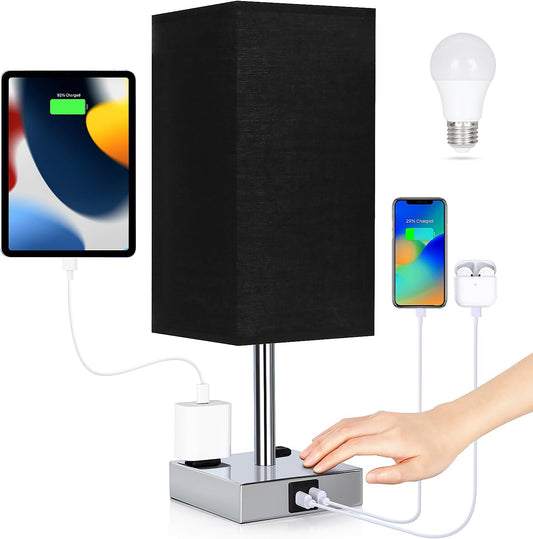 Black Touch Control Bedside Lamp with USB Ports & AC Outlets - 3 Way Dimmable Nightstand Light for Bedroom and Living Room - Includes Bulb