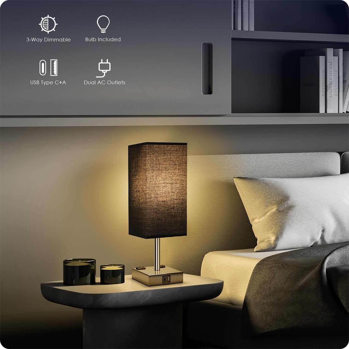 Black Touch Control Bedside Lamp with USB Ports & AC Outlets - 3 Way Dimmable Nightstand Light for Bedroom and Living Room - Includes Bulb