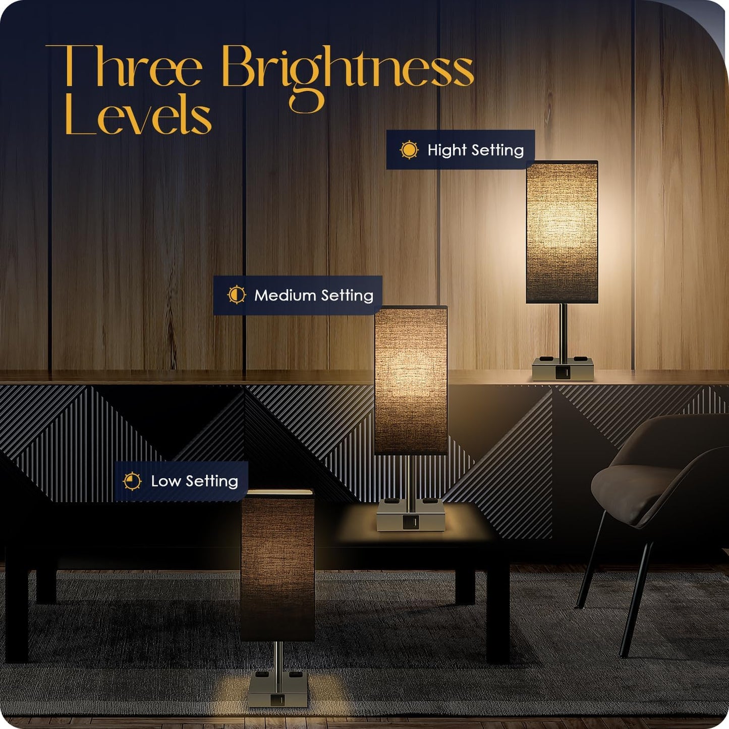 Black Touch Control Bedside Lamp with USB Ports & AC Outlets - 3 Way Dimmable Nightstand Light for Bedroom and Living Room - Includes Bulb