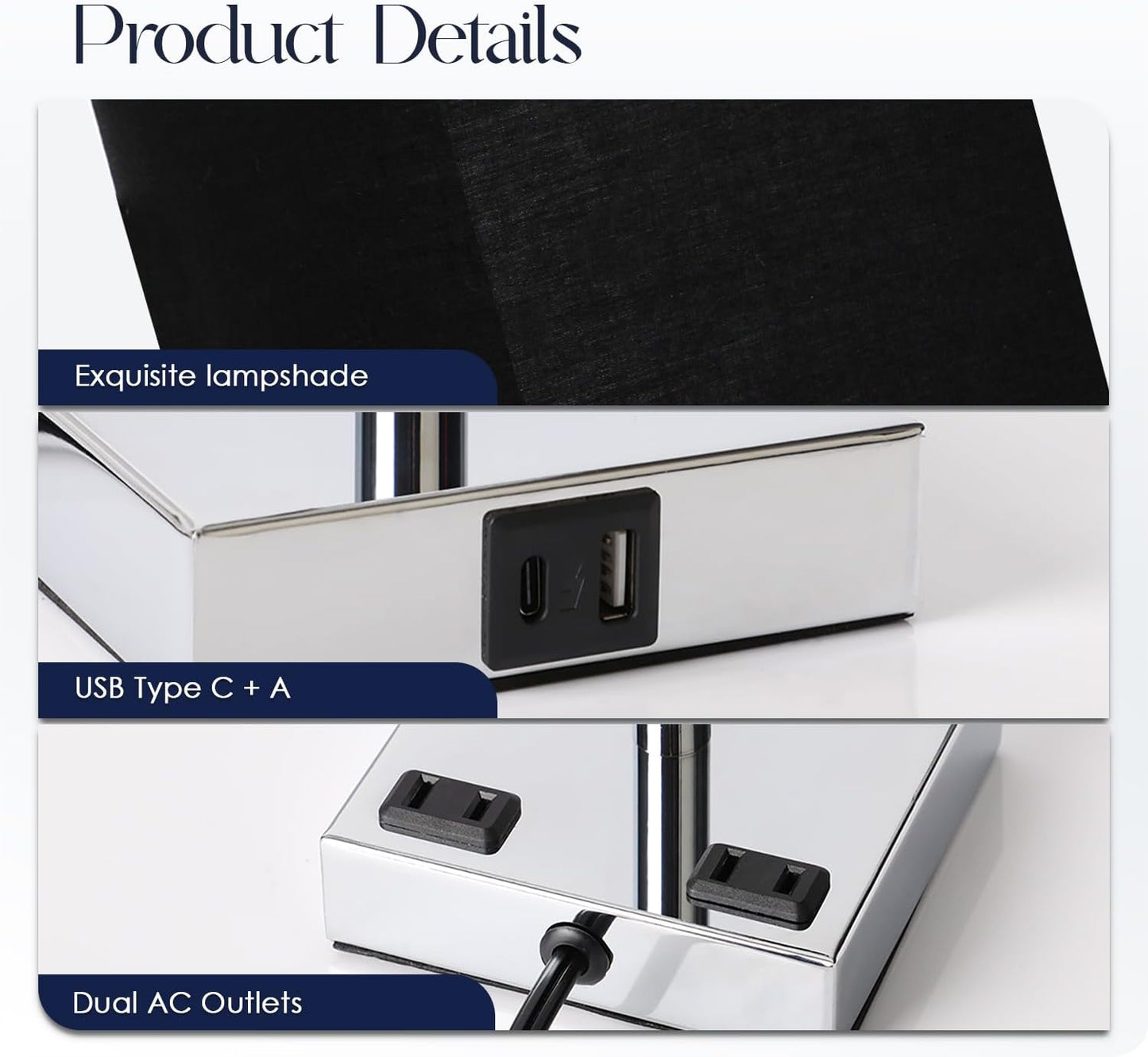Black Touch Control Bedside Lamp with USB Ports & AC Outlets - 3 Way Dimmable Nightstand Light for Bedroom and Living Room - Includes Bulb