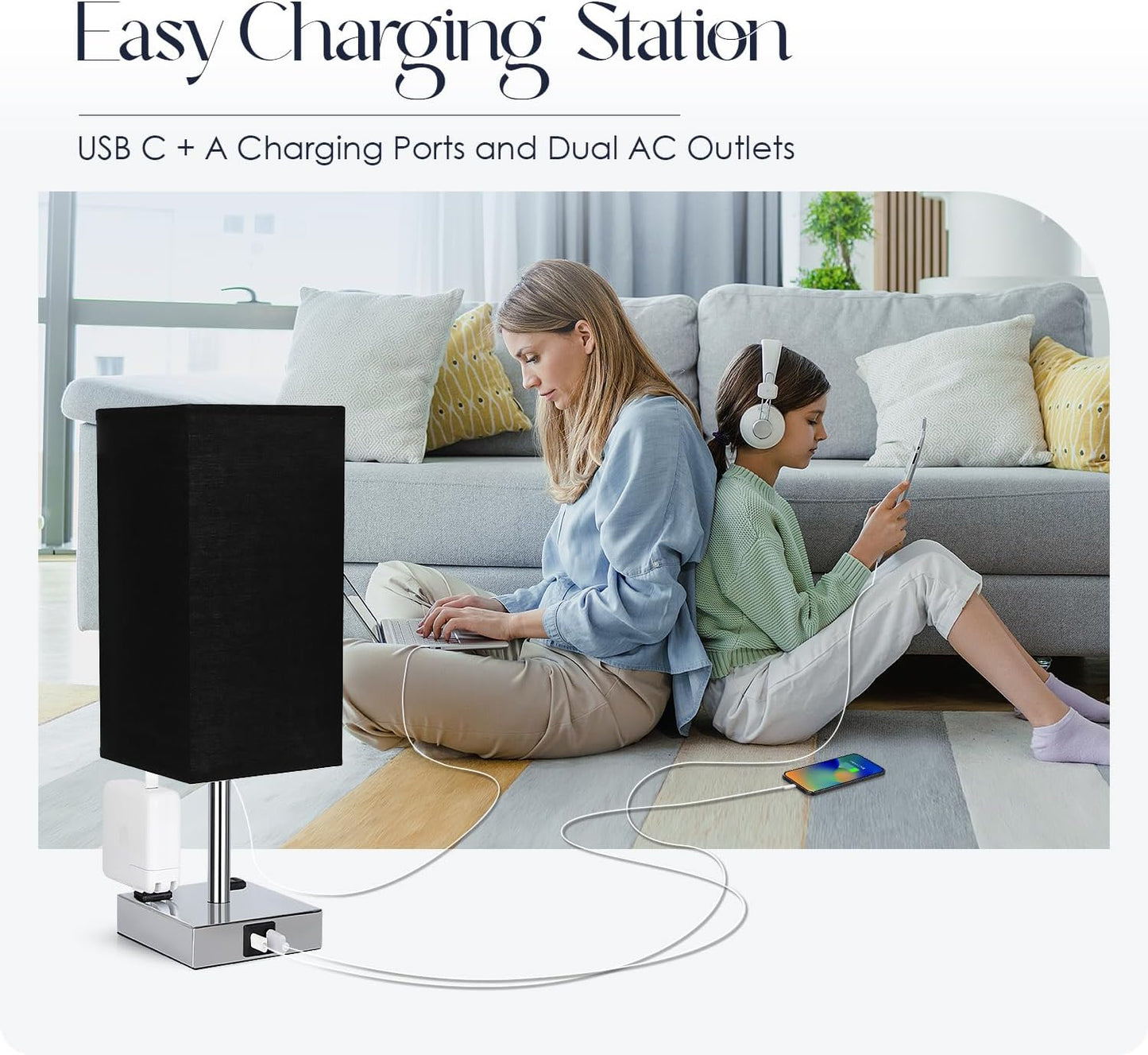 Black Touch Control Bedside Lamp with USB Ports & AC Outlets - 3 Way Dimmable Nightstand Light for Bedroom and Living Room - Includes Bulb