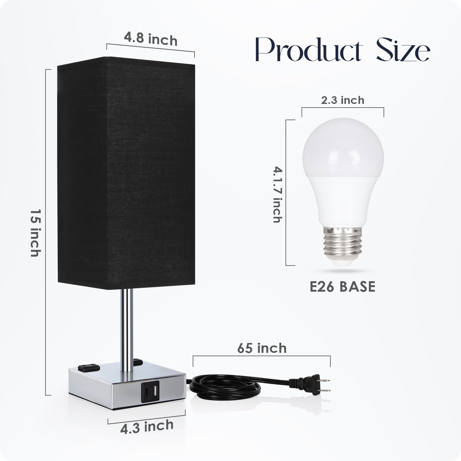 Black Touch Control Bedside Lamp with USB Ports & AC Outlets - 3 Way Dimmable Nightstand Light for Bedroom and Living Room - Includes Bulb