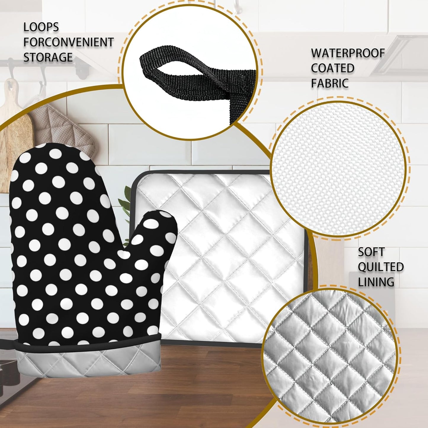 Black White Polka Dots Oven Mitts and Pot Holders Set - Heat Resistant Kitchen Hot Pads for Cooking BBQ and Baking - 2 Pack for Men and Women