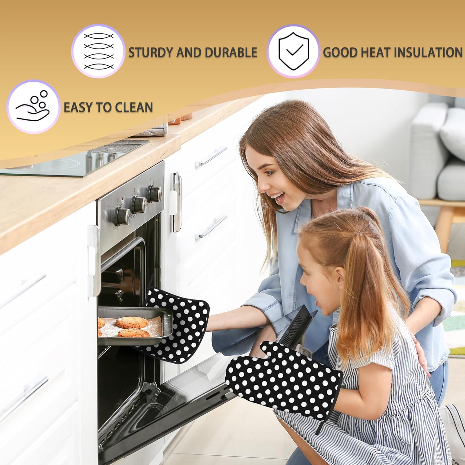 Black White Polka Dots Oven Mitts and Pot Holders Set - Heat Resistant Kitchen Hot Pads for Cooking BBQ and Baking - 2 Pack for Men and Women