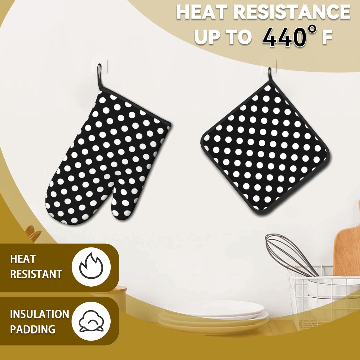 Black White Polka Dots Oven Mitts and Pot Holders Set - Heat Resistant Kitchen Hot Pads for Cooking BBQ and Baking - 2 Pack for Men and Women