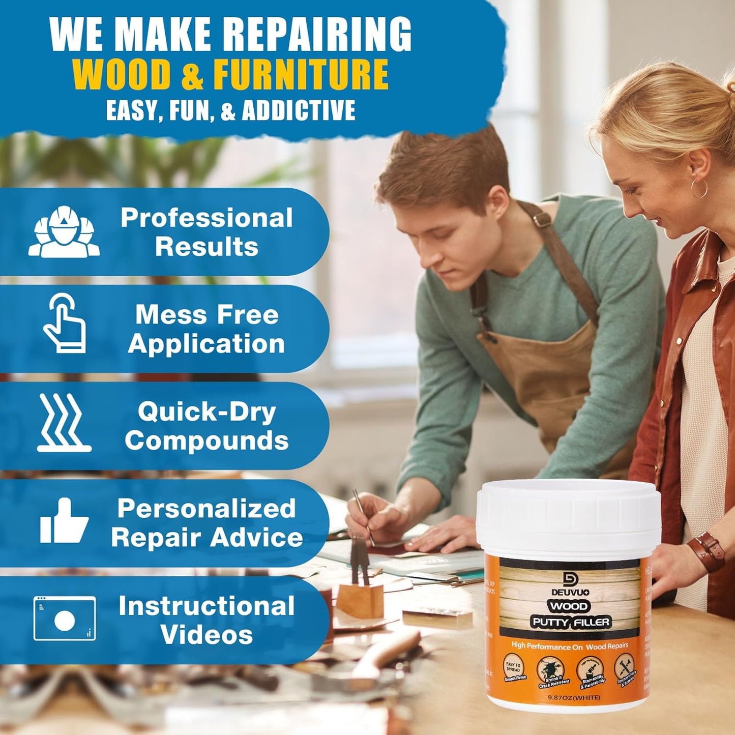 Black Wood Filler Paste Kit for Quick Wood Crack Fixes - Paintable & Stainable - 9.87 oz Wood Putty