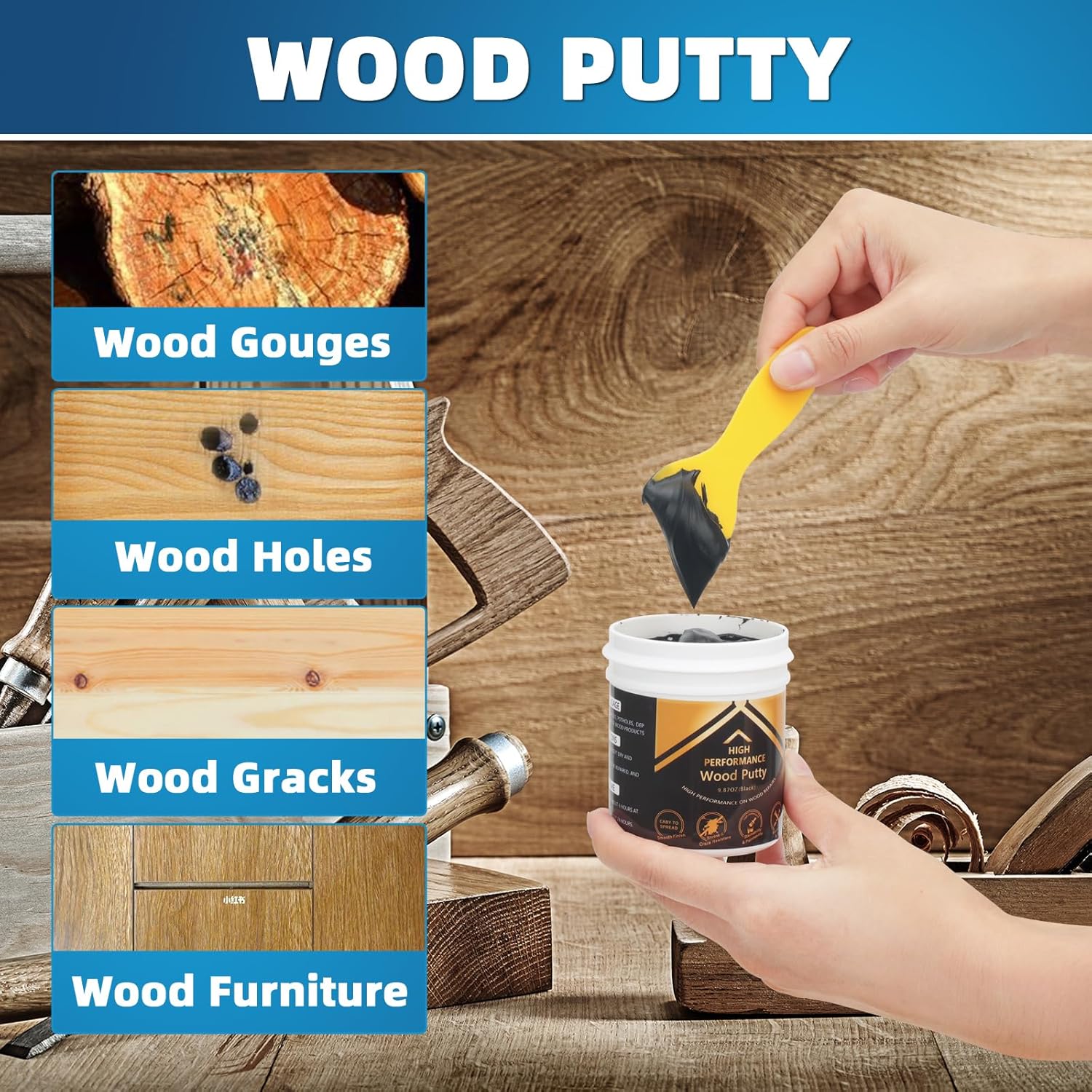 Black Wood Filler Paste Kit for Quick Wood Crack Fixes - Paintable & Stainable - 9.87 oz Wood Putty