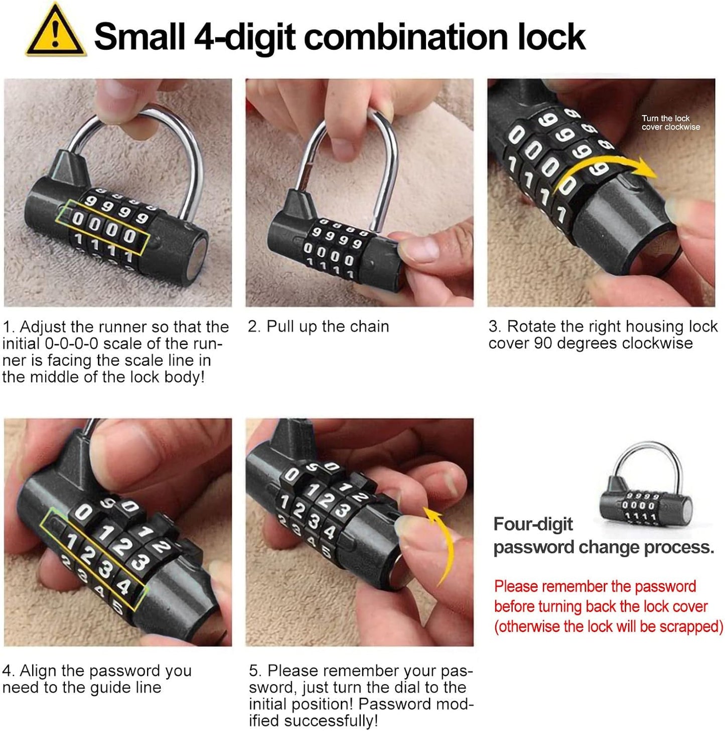 Black Zinc Alloy 4-Dial Combination Padlock for Travel Suitcase Gym Locker Security