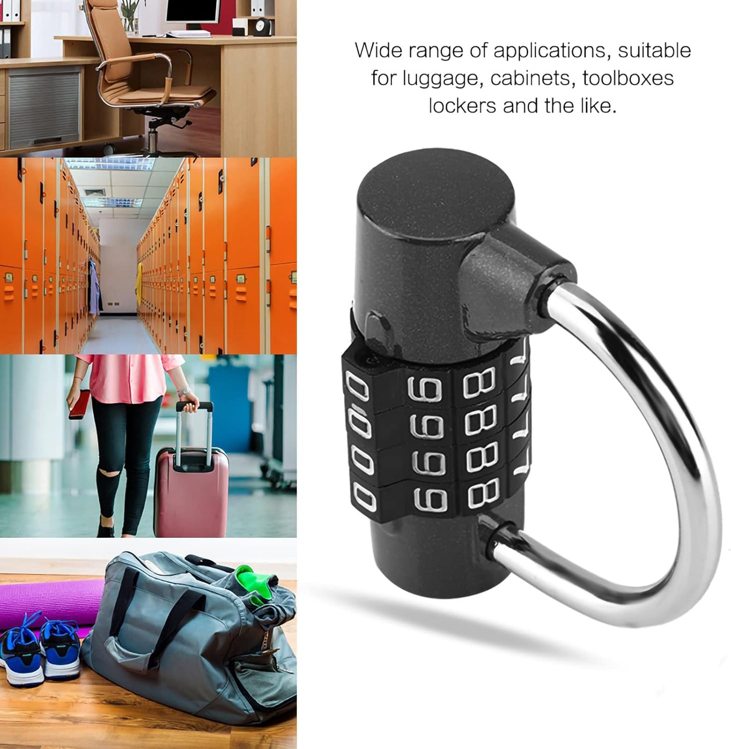 Black Zinc Alloy 4-Dial Combination Padlock for Travel Suitcase Gym Locker Security