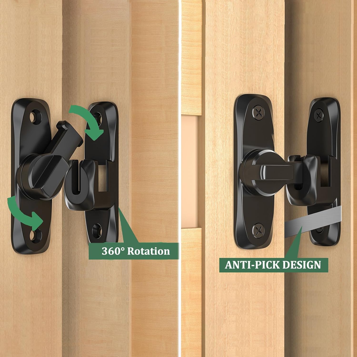 Black Zinc Alloy Barn Door Lock with 90/180 Degree Gate Latches - Right Angle Hasp Latch for Push/Sliding Doors