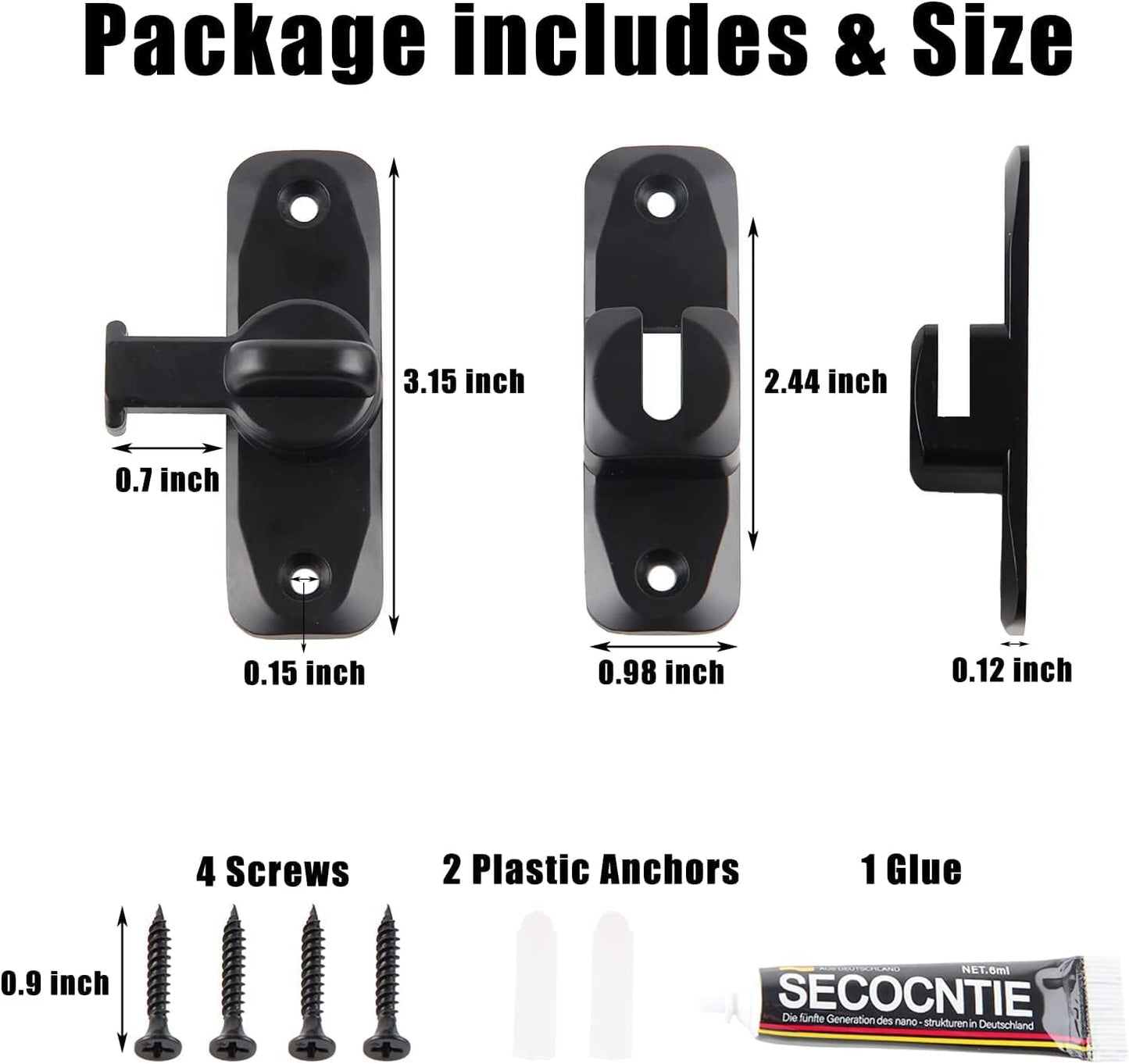Black Zinc Alloy Barn Door Lock with 90/180 Degree Gate Latches - Right Angle Hasp Latch for Push/Sliding Doors