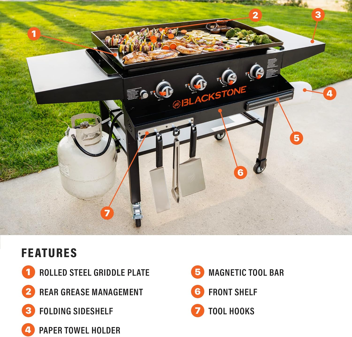 Blackstone 1984 Original 36" Flat Top Griddle Grill with Front Shelf, Side Shelf, and Magnetic Strip - Heavy Duty Outdoor Cooking Station