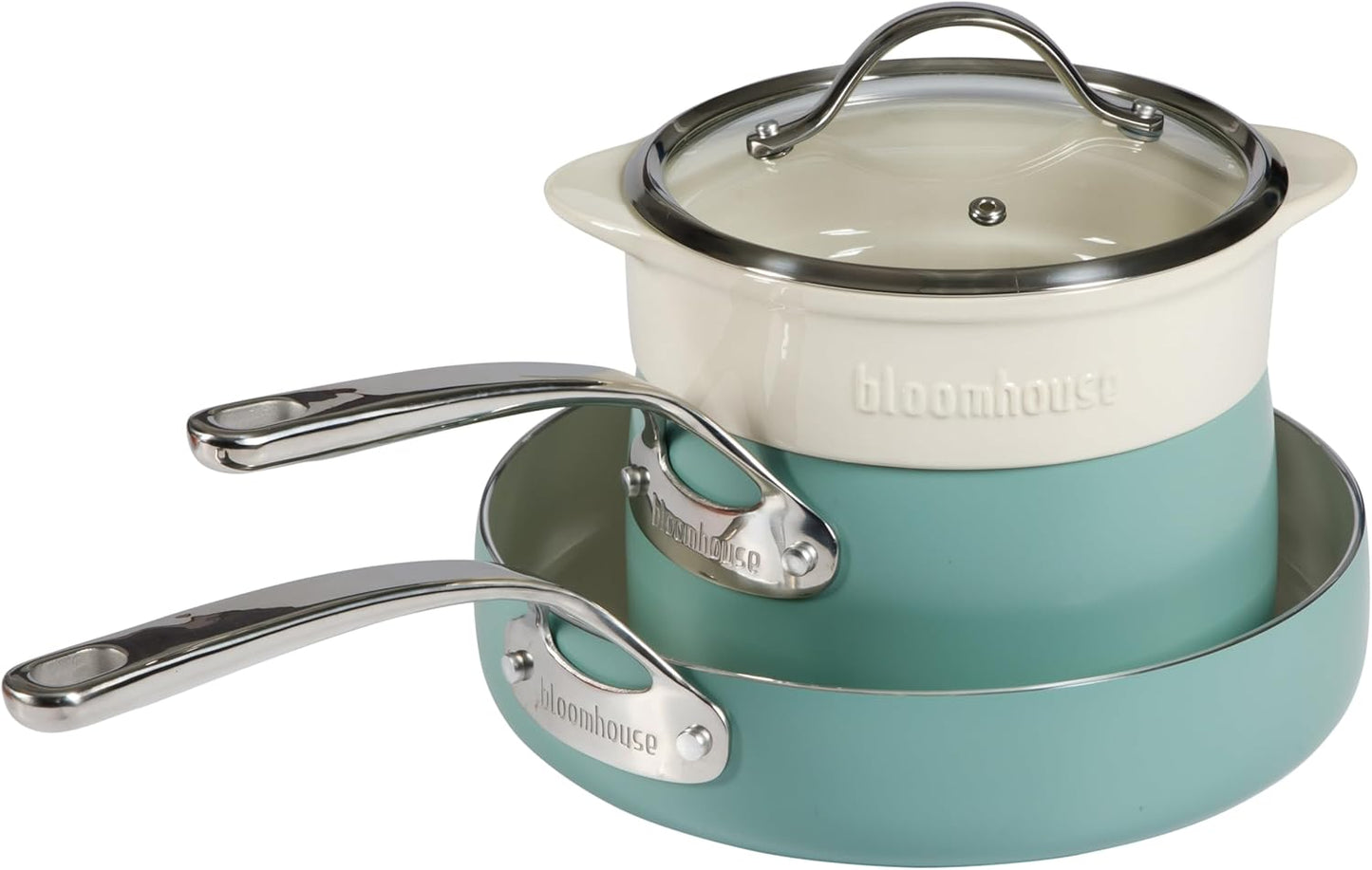 bloomhouse 4-Piece Aluminum Cookware Set with Non-Stick Ceramic Interior and Steamer Insert - Oprah's Favorite Things in Sage Green