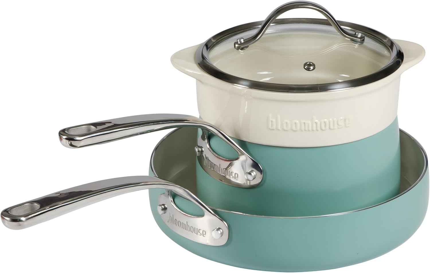 bloomhouse 4-Piece Aluminum Cookware Set with Non-Stick Ceramic Interior and Steamer Insert - Oprah's Favorite Things in Sage Green