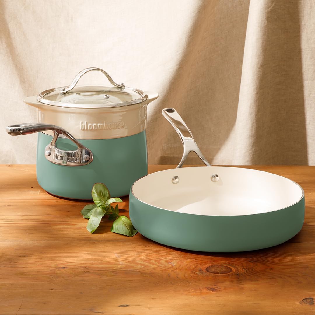 bloomhouse 4-Piece Aluminum Cookware Set with Non-Stick Ceramic Interior and Steamer Insert - Oprah's Favorite Things in Sage Green
