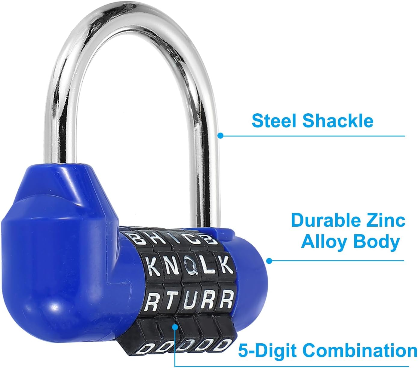 Blue 5 Digit Combination Padlock for Gym Locker, Toolbox, Fence - Keyless Alloy Steel Safety Lock for Sports Locker and Drawer