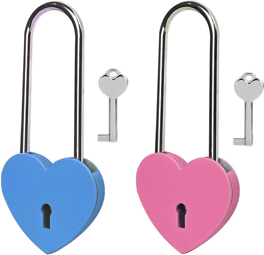 Blue and Rose Red Heart Lock with Key - 3.5 Inches, 50mm Love Padlock for Lovelock Bridge