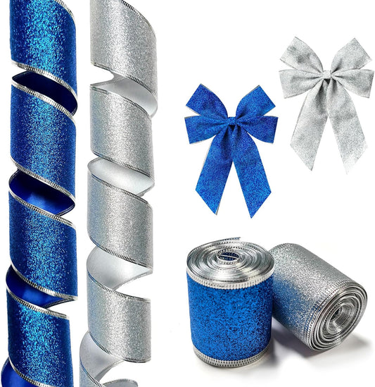 Blue and Silver Glitter Christmas Ribbon for Wreath Bows and Gifts - 2 Rolls x 10 Yards