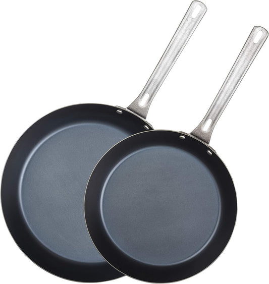 Blue Carbon Steel Viking Frying Pans Set, Non Stick Kitchen Cookware, 10 and 12 Inch Sizes, Black