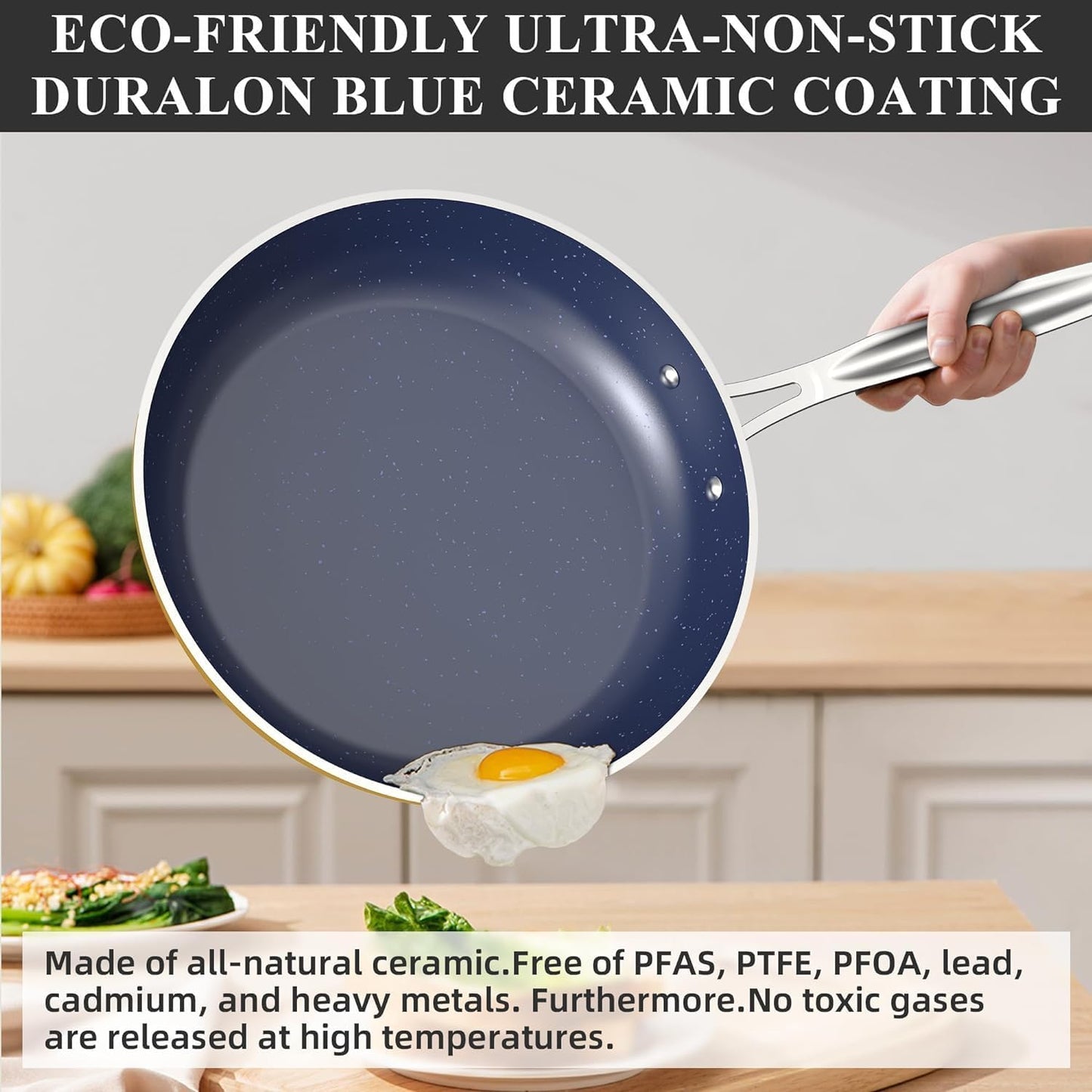 Blue Ceramic Nonstick Cookware Set with Diamond Infused Duralon Coating - PFAS Free, Scratch-Resistant, Induction Ready & Oven Safe