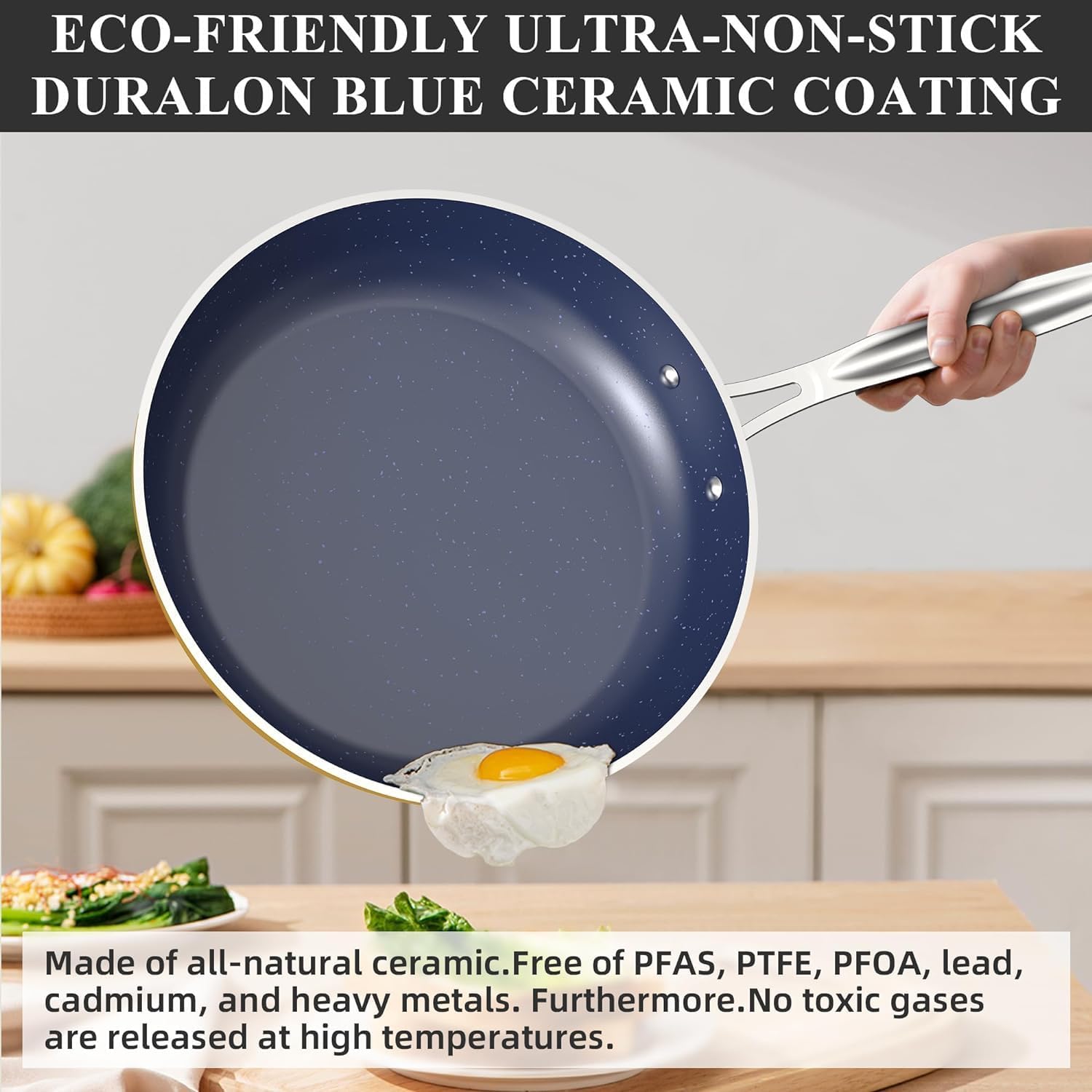 Blue Ceramic Nonstick Cookware Set with Diamond Infused Duralon Coating - PFAS Free, Scratch-Resistant, Induction Ready & Oven Safe