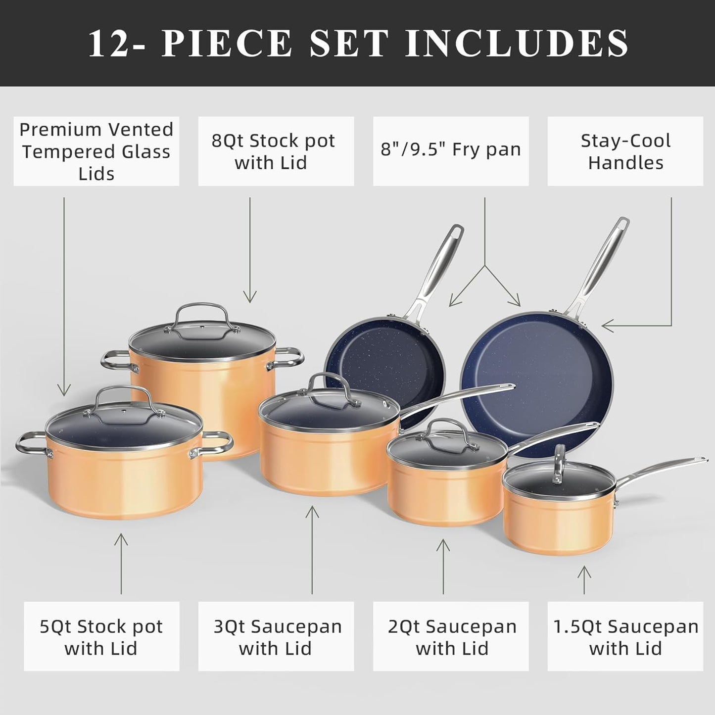 Blue Ceramic Nonstick Cookware Set with Diamond Infused Duralon Coating - PFAS Free, Scratch-Resistant, Induction Ready & Oven Safe