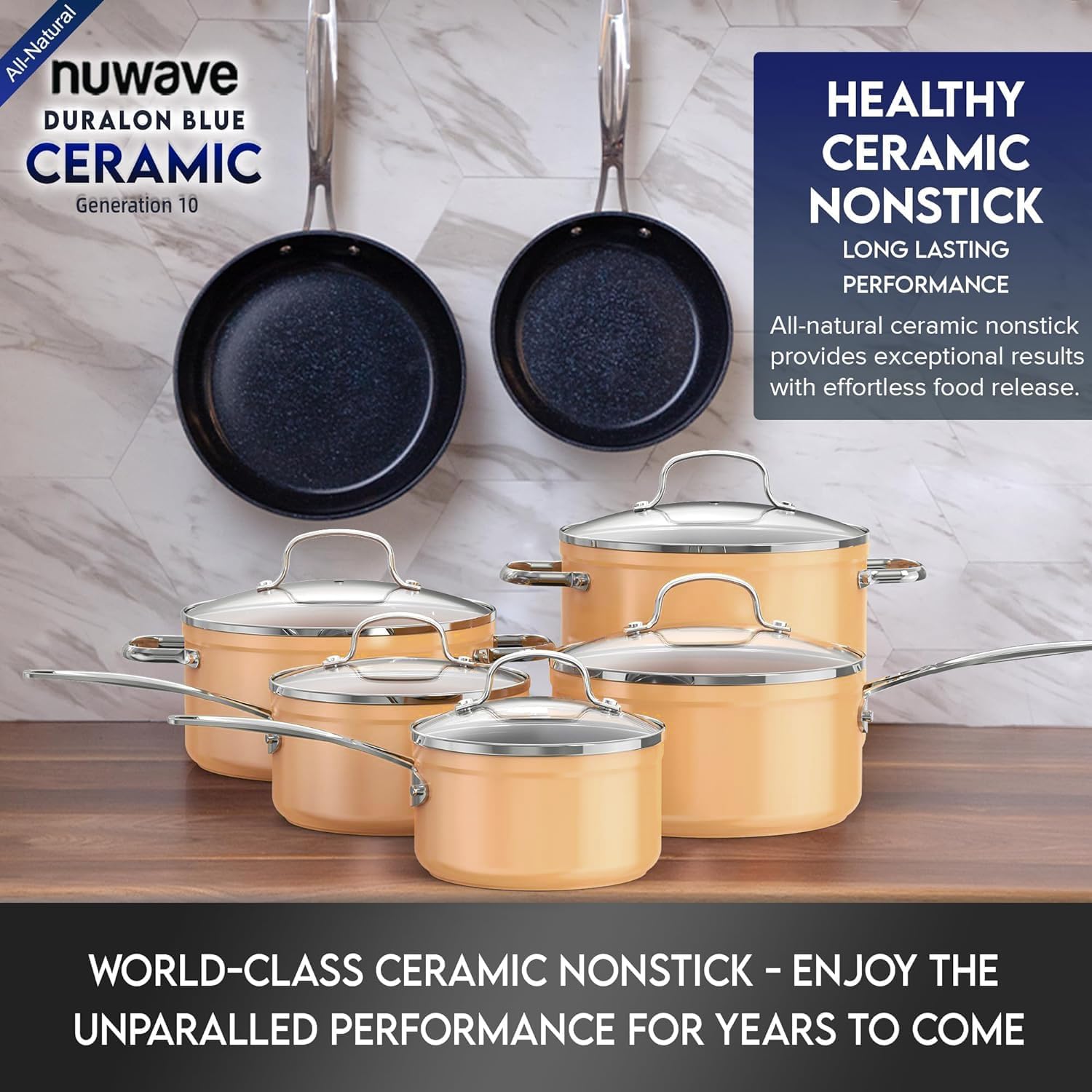 Blue Ceramic Nonstick Cookware Set with Diamond Infused Duralon Coating - PFAS Free, Scratch-Resistant, Induction Ready & Oven Safe