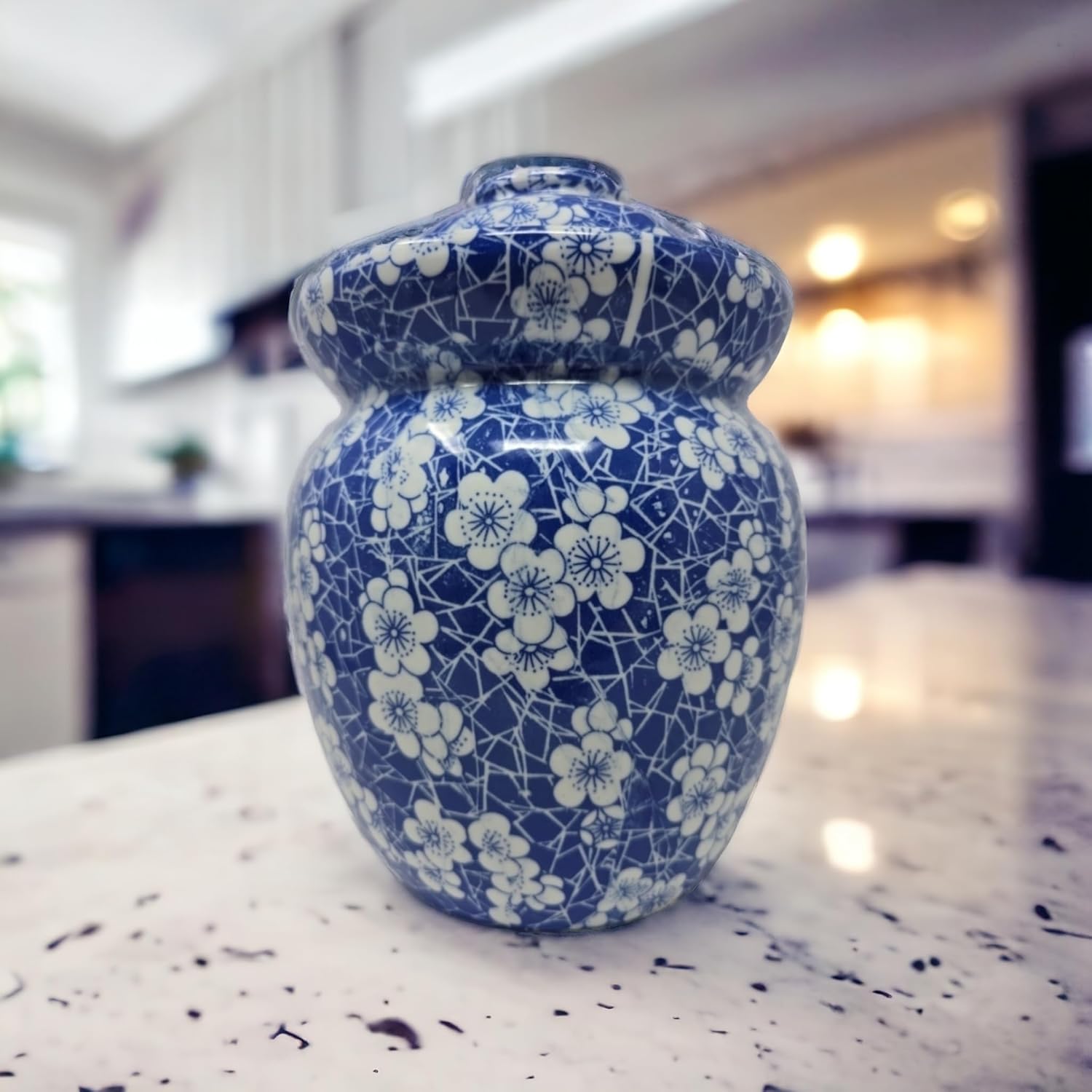 Blue Cherry Blossom Jingdezhen Porcelain Pickling Jar with 2 Lids - 14.5 IN Fermenting Kimchi Crock