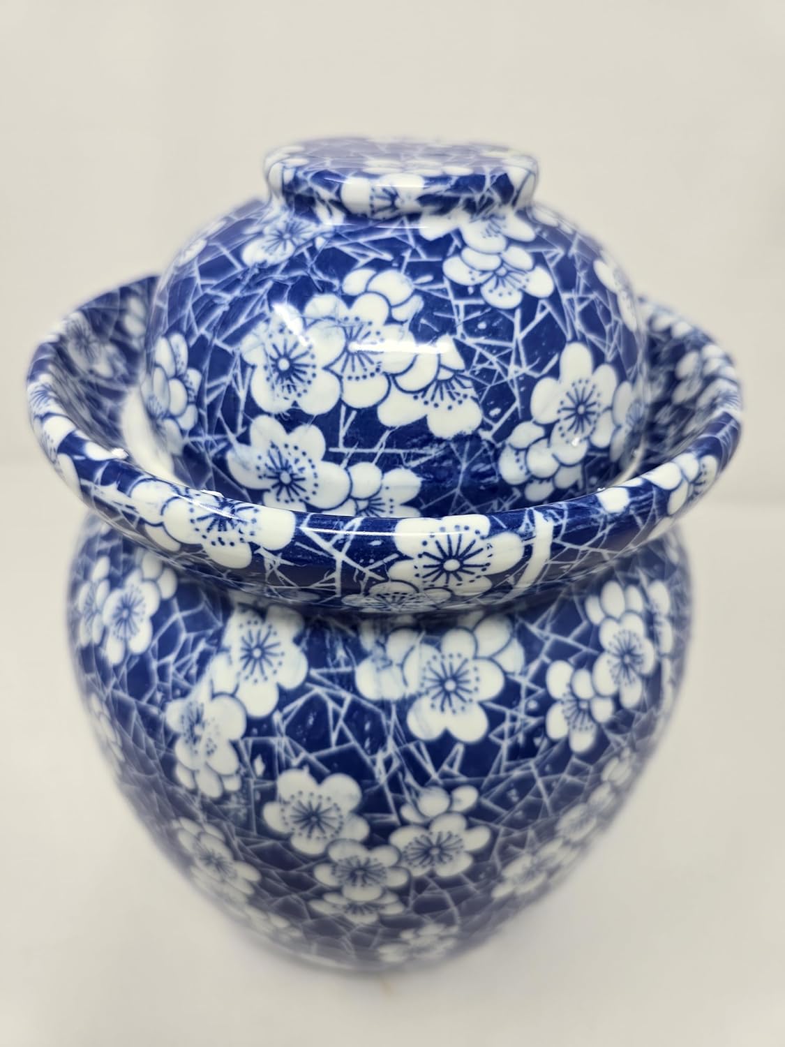 Blue Cherry Blossom Jingdezhen Porcelain Pickling Jar with 2 Lids - 14.5 IN Fermenting Kimchi Crock