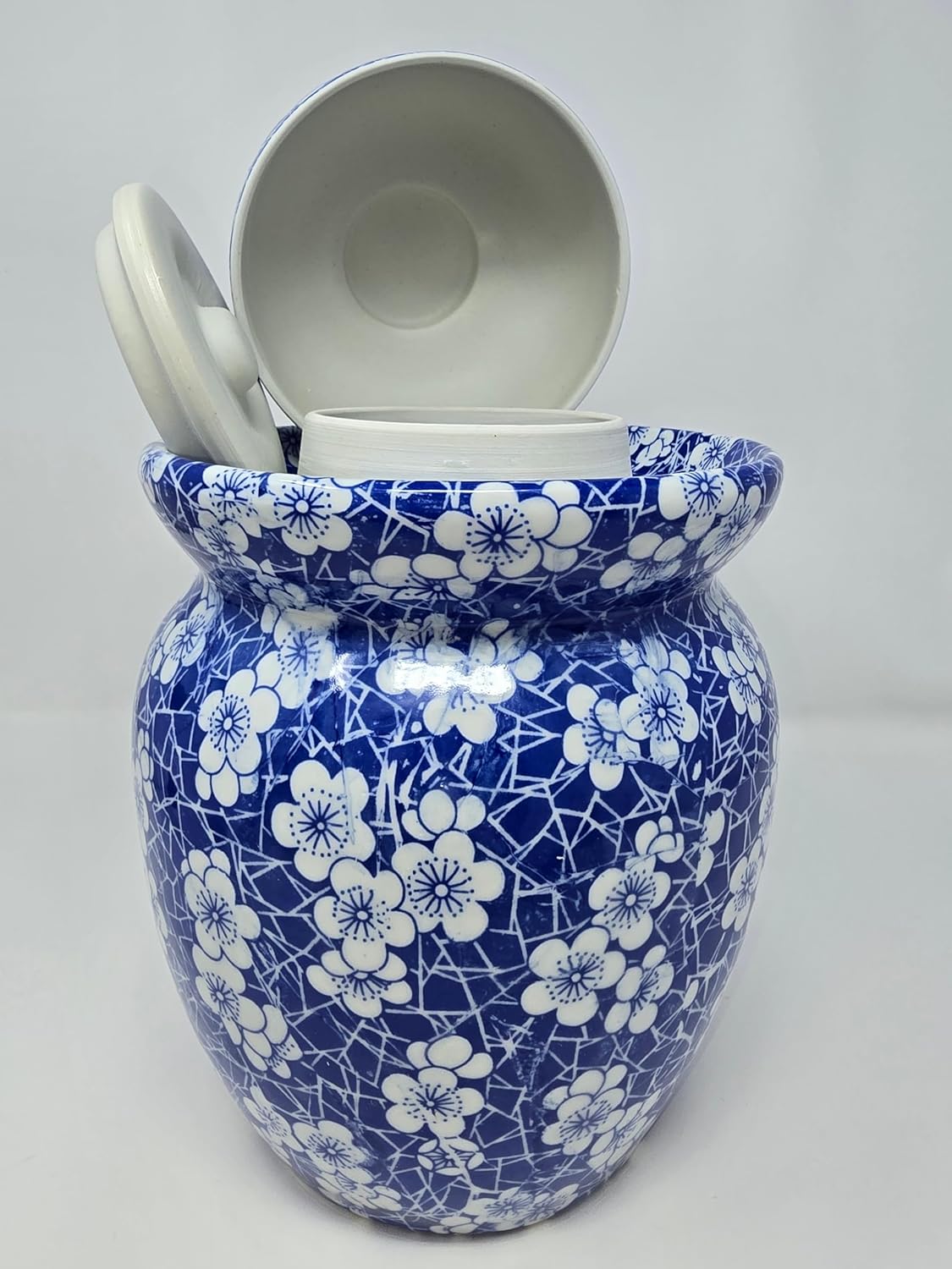 Blue Cherry Blossom Jingdezhen Porcelain Pickling Jar with 2 Lids - 14.5 IN Fermenting Kimchi Crock