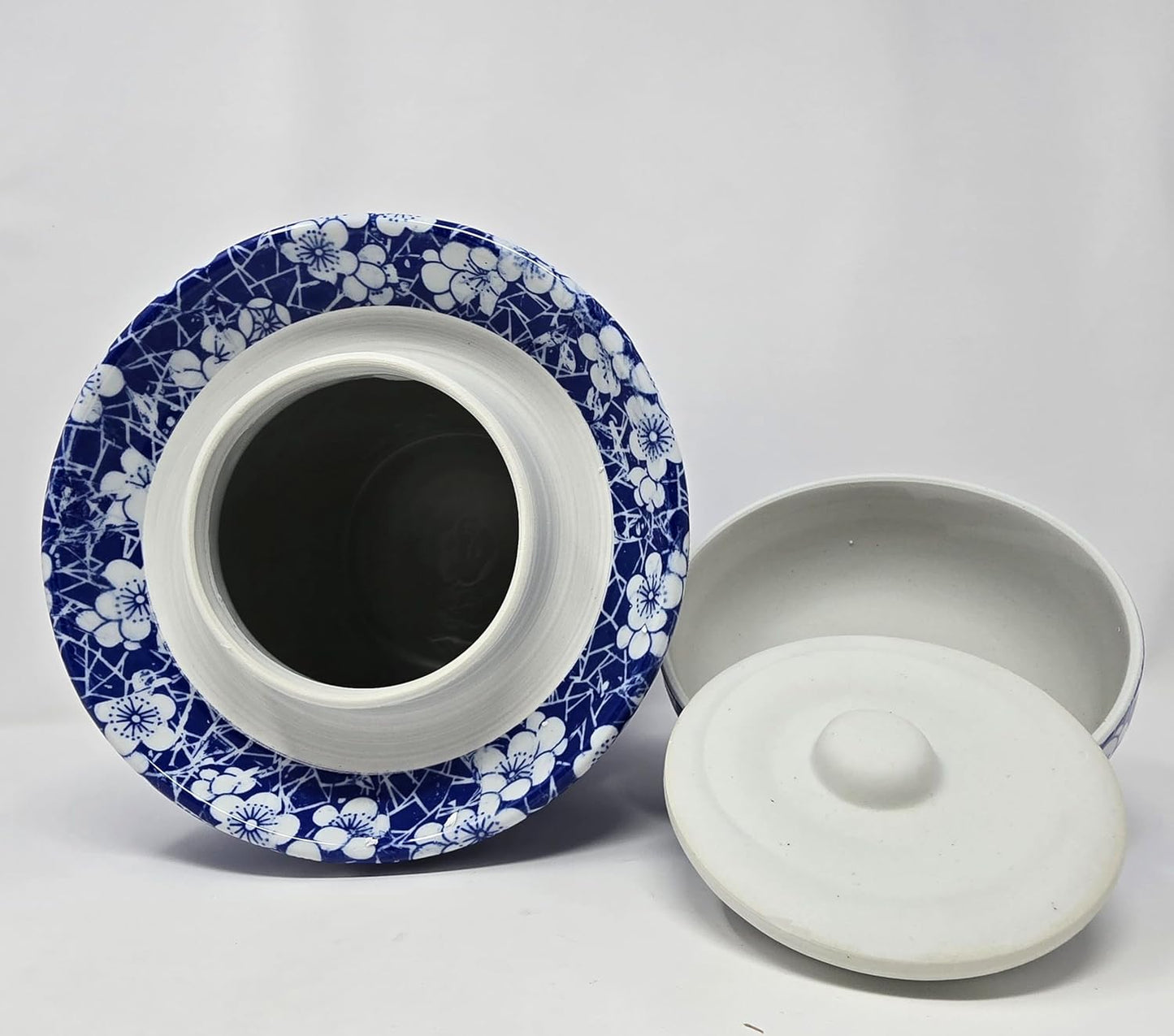 Blue Cherry Blossom Jingdezhen Porcelain Pickling Jar with 2 Lids - 14.5 IN Fermenting Kimchi Crock