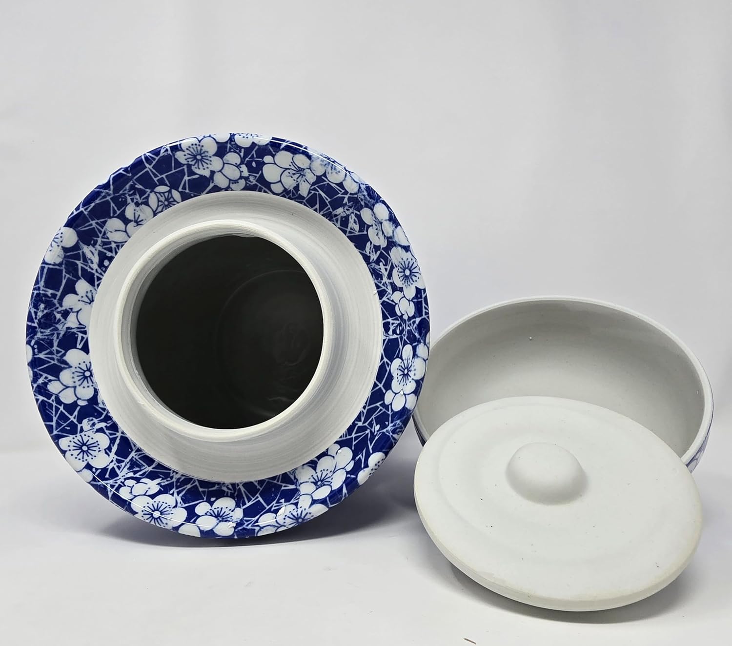 Blue Cherry Blossom Jingdezhen Porcelain Pickling Jar with 2 Lids - 14.5 IN Fermenting Kimchi Crock